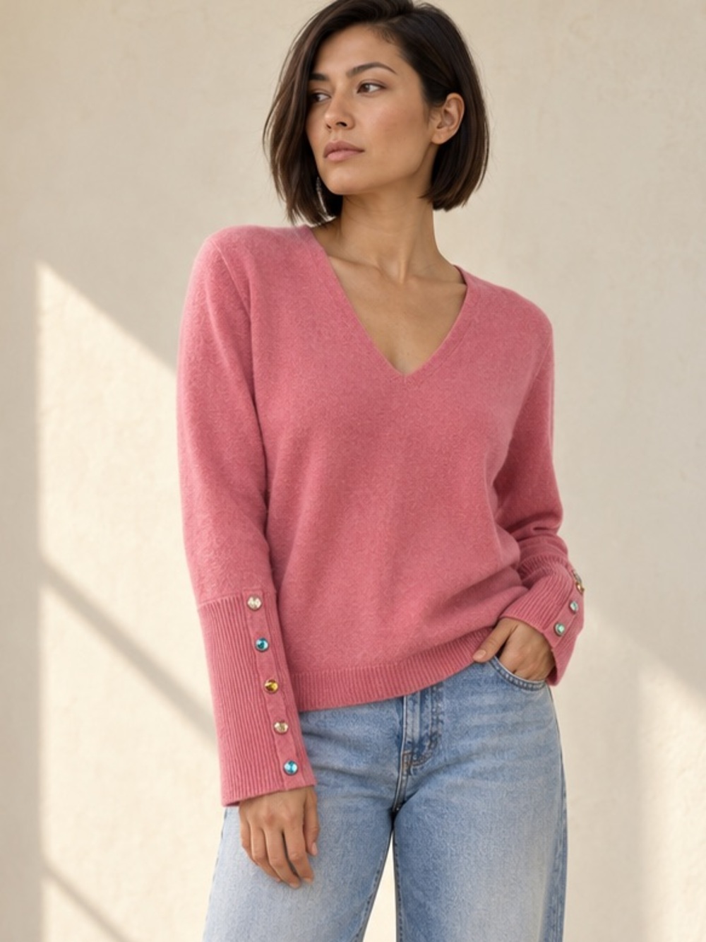 One Girl Who Rose Pink Cashmere V-Neck Jewel Cuff Sweater Sz L